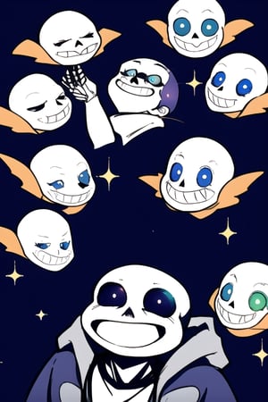 Sans' Radiant Smile"

Description:
In the midst of the Underground, where challenges and mysteries abound, Sans, the iconic skeleton from "Undertale," finds a moment of genuine happiness. His ever-present grin widens, and his eye sockets twinkle with delight.

Surrounded by friends and loved ones, he basks in the warmth of camaraderie and shared laughter. The chamber is filled with a sense of mirth and contentment, a stark contrast to the usual seriousness of the underground world.

The room is bathed in soft, warm light, creating a cozy and inviting atmosphere. The comforting sounds of laughter and conversation fill the air, and the worries of the world are temporarily forgotten.

Sans, dressed in his classic hoodie and shorts, savors the simple pleasures of life, enjoying a peaceful moment where the weight of responsibility and the challenges of multiple realities are set aside.