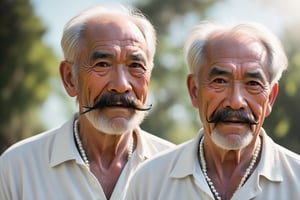 A detailed old man with Asian looks, a long moustache, small eyes very long hair, white hair, no shirts, white clothes, pearl necklace, high_resolution, hi-quality, 4k, cinematic light, daylight, medium shot, 35mm,