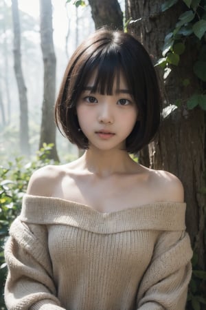 主：(deep in the misty woods),(((face photo))),
人：1litte 1kid 7yo gril (Child:1.2), 
優：With a very high artistic composition style,
髮：(((short hair))),(((bangs))),(((Well-defined hair strands:1.4))),
服：(Off-the-shoulder),deep V neckline,