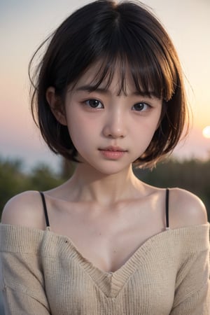 主：(Misty woods under sunset),(((Focus on close-up photos of faces))),
人：1litte 1kid 7yo gril (Child:1.2), 
優：(Stable Diffusion 1.5),
髮：(((short hair))),(((bangs))),(((Well-defined hair strands:1.4))),
服：(Off-the-shoulder),(deep V neckline),