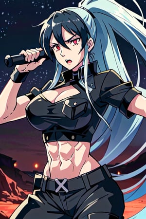 ESDEATH, solo_female, muscular_female, biceps, abs, gorgeous face, open mouth, very long ponytail hair, shiny hair, black hair, expressive eyes, red eyes, linked_thick_eyelashes, latex shirt, black pantalon, shaped clothes, night_desert, 