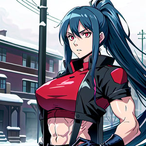 ESDEATH, solo_female, muscular_female, biceps, abs, gorgeous face, big mouth, very long ponytail hair, shiny hair, black hair, expressive eyes, red eyes, linked_thick_eyelashes, pink latex shoulderless shirt, long_black_coat, black pantalon, shaped clothes, night_snow_weather, sob,makima \(chainsaw man\),fate/stay background, opera_gloves, 1990s_(style),