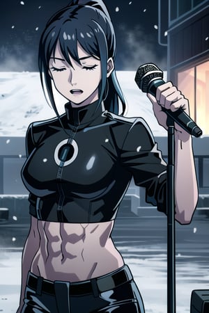 ESDEATH, solo_female, muscular_female, biceps, abs, gorgeous face, open mouth, very long ponytail hair, shiny hair, black hair, expressive eyes, closed eyes, linked_thick_eyelashes, pink latex shoulderless shirt, black pantalon, shaped clothes, night_snow_weather, released_expressions,makima \(chainsaw man\),fate/stay background
,microphone, mic, goth,