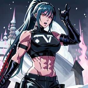 ESDEATH, solo_female, muscular_female, biceps, abs, gorgeous face, big mouth, very long ponytail hair, shiny hair, black hair, expressive eyes, red eyes, linked_thick_eyelashes, pink latex shoulderless shirt, black pantalon, shaped clothes, night_snow_weather, sob,makima \(chainsaw man\),fate/stay background, opera_gloves,