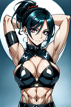 Esdeath  \(Akame ga kill\), upper body, medium_breasts ,
Solo, 1girl, buff woman, massive muscles, biceps, abs, mega ponytail hair, shiny hair, black hair, red eyes, expressive eyes, perfect eyes, thick eyelashes, linked eyelashes, long eyelashes, thigh latex, blue latex, shiny latex, shaped clothes, correct hands, correct arms,kitana, Victorian era castle,Defaults17Style