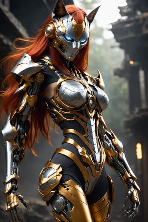  full body, cat girl, (long flaming red hair with yellow highlight), hourglass figure, with revealing-big-boobs, intricate detailed black_and_orange armored with protruding striped ribcage bones, futuristic tech, mechanical joint robotic, modern technologic, full face mask, tech filigrane, fullbody_view, ready to fight, rainforest background, mecha, intricate shadow, depth of field, bokeh, xxmixgirl, (wind:0.8)