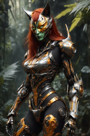  full body, cat girl, (long flaming red hair with yellow highlight), hourglass figure, with revealing-big-boobs, intricate detailed black_and_orange armored with protruding striped ribcage bones, futuristic tech, mechanical joint robotic, modern technologic, full face mask, tech filigrane, fullbody_view, full frontal, arms equipped with long spiky_blades, ready to fight, rainforest background, mecha, intricate shadow, depth of field, bokeh, xxmixgirl, (wind:0.8), dripping paint colord blood, dark environment, nighttime