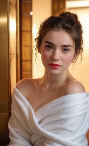 photograph, (masterpiece, best quality), intricate details, thin, ((slim)), adorable young girl, 18 years old, celtic, pale skin, sharp jawline, shiny oily skin, wet, sweat, High and Tousled Hairstyle, sexy fit body, h-cup breast cleavage, off-shoulder towel bodycon, cleavage, smirk, breeze, , style of Martin Schoeller with Canon EOS R6 Mark II, steam, vapor, looking at camera, (in hamam or public bath house), sit crossed legs, mist, vapor, steam, candles, hyperrealistic, masterpiece, trending on artstation