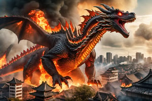 Fire dragon with the head of godzilla with massive wingspan spiraling trampling villages down below resulting chaos and destructions, fire and ruin everywhere, Photographic, cinematic, HDR, HD, masterpiece, best quality, hyper detailed,   intricate houses shadows, thick smoke, everything egulf in flames, dark theme, 