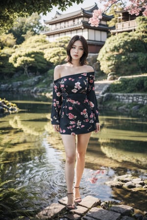 portrait Photography of a petite woman with short hair, beautiful gorgeous face, (wearing tight skimpy silky string along mini slit dress), printed clothes, bare shoulder, see through, big_breast, perfect body, cinematic lighting, bokeh, 8k, uhd, intricate tree shadows, masterpiece, (long hair), (wind:1.1), flower petals, ((hyperrealistic:1.2)), leaning on stone bridge above small river in old japan town, ((photorealistic)), ((absolutely gorgeous face)),  Endsinger, full body, sunlight ,Endsinger