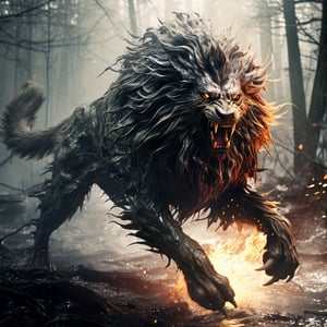 (raw photo, highly detailed) A chimera, monster of Lion head with legs of dragon tail of viper and (wings of eagle). Running wild in the dark misty misterious forest. wounded muscular body and agitated wet splashes of blood, bushy long flowing mane, glowing orange eyes with electrifying gaze, terrifying roar, floating embers, more detail XL, side view, mystical, ethereal