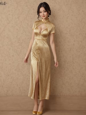 1girl, cute teen girl, hourglass figure, wearing (Sexy chinoiserie printed cheongsam suit with an open fork golden velvet lady long dress sexy lingerie) (full body), looking at viewer 