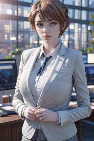 (3d render portrait ) of 1girl fair skin with auburn (professional short hair:1.2), highly detailed,  detailed skin, medium breast, hourglass figure, (wearing long sleeve white shirt and blazer and pencil skirt), (stockings), thick thighs, at office room with desk and computer and other equipments
masterpiece, (crepuscular rays), best quality, high resolution, 8K quality, HDR, bloom, bokeh, raytracing, depth of field, film grain, (wind:0.8), detailed hair, beautiful face, beautiful girl, ultra detailed eyes, cinematic lighting, (hyperdetailed:1.15),  detailed shadows, intricate hair shadow, film photography, film grain, glare, realistic