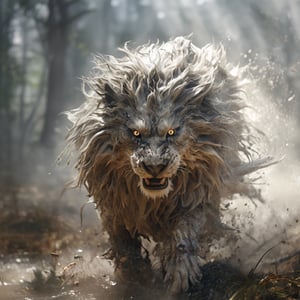 (raw photo, highly detailed) A chimera, monster of Lion head with legs of dragon tail of viper and wings of eagle. Running wild in the dark misty misterious forest. wounded muscular body and agitated wet splashes of blood, bushy long flowing mane, glowing orange eyes with electrifying gaze, floating embers, more detail XL, side perspective view, mystical, ethereal