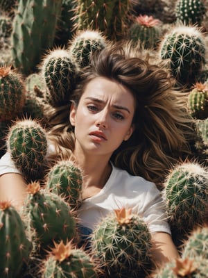 a beautiful woman laying down on a big pile of cactus, messy hair, closeup, naturally_censored, looking_at_viewer, surrounded by a lot of cactus everywhere, buried by pile of cactus