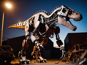 tyrannosaurus-rex robot made of rusty scraps of autoparts, cinematic shot, mecha, junkyard at nights, spotlight, dark scene, 