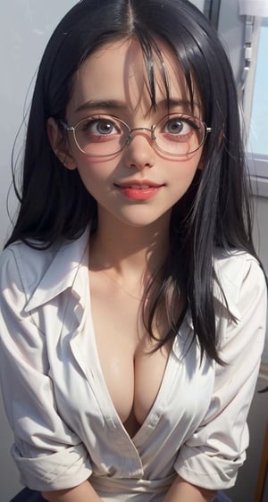 {{masterpiece}}},  {{{best quality}}},  {{{ultra-detailed}}},  {cinematic lighting},  {illustration}, 1girl, ((Nagatoro)), 
school uniform, cleavage, serafuku, sailor collar, sexy small breasts, full breast, pretty eyes,  pretty face, glasses, smile,small red lips, perfect breasts, 3DMM, prefect eyes, detailed eyes,