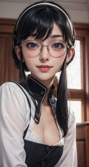 {{masterpiece}}},  {{{best quality}}},  {{{ultra-detailed}}},  {cinematic lighting},  {illustration}, 1girl, ((Yor Forger)), 
school uniform, cleavage, serafuku, sailor collar, sexy small breasts, full breast, pretty eyes,  pretty face, glasses, smile, red lips, perfect breasts, 3DMM, prefect eyes, detailed eyes, ,raidenshogundef,MARIN KITAGAWA,anime