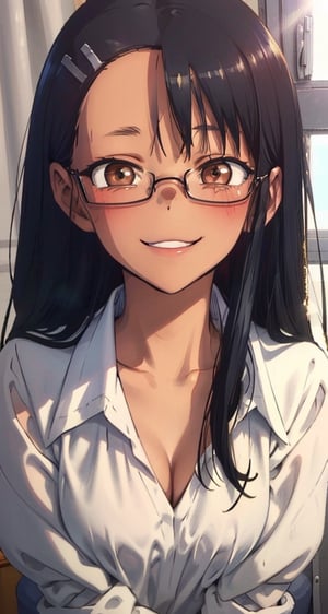 {{masterpiece}}},  {{{best quality}}},  {{{ultra-detailed}}},  {cinematic lighting},  {illustration}, 1girl, ((Nagatoro Hayase)), 
school uniform, cleavage, serafuku, sailor collar, sexy small breasts, full breast, pretty eyes, pretty face, glasses, smile,small red lips, perfect breasts, blonde hair, 3DMM, prefect eyes, half body shoot. detailed eyes,aaasuna,eungirl