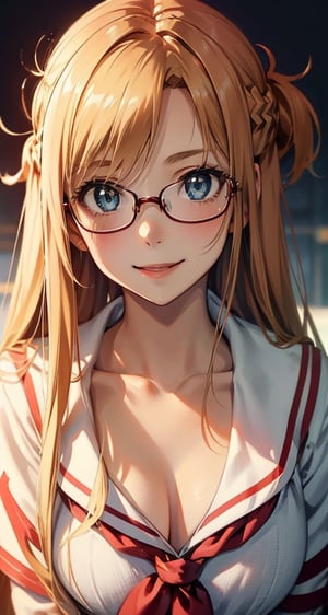 {{masterpiece}}},  {{{best quality}}},  {{{ultra-detailed}}},  {cinematic lighting},  {illustration}, 1girl, ((Yuuki Asuna)), 
school uniform, cleavage, serafuku, sailor collar, sexy small breasts, full breast, pretty eyes, pretty face, glasses, smile,small red lips, perfect breasts, blonde hair, 3DMM, prefect eyes, half body shoot. detailed eyes,aaasuna,eungirl