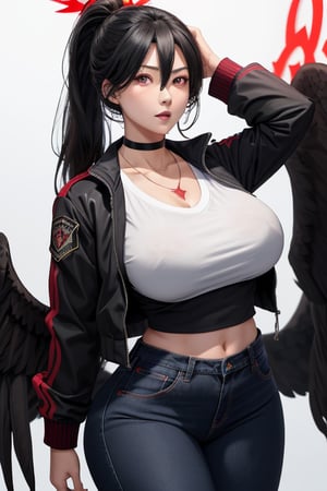 masterpiece, best quality, highres, hasumidef, hasumigym, 1girls, solo, girl, mature, cute, giant breasts, weak red eyes, wide hips, red halo, long hair, huge breasts,  black hair, huge_breasts, one pair black wings behind, jacket, jewelry, choker necklace, bracelet, black long jeans,