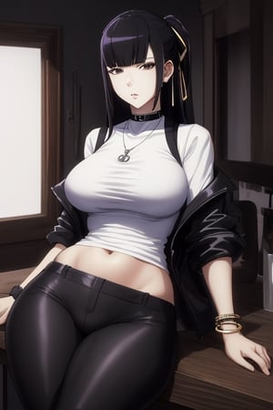 masterpiece, best quality, highres, 1girls, solo, narberal gamma, girl, mature, cute, big breasts, wide hips, long hair, black hair,  sexy, jewelry, choker necklace, bracelet, black pants, white t-shirt, black jacket, seductive pose,