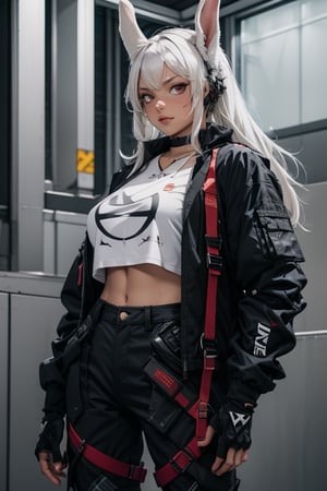 masterpiece, best quality, highres,1girl, solo, mature, milf, mirko mha, rabbit ears, long hair, white hair, wide hips, light dark skin, strong tanned skin, white hair, red eyes, animal ears, rabbit girl, muscular female, abs, huge breasts, sexy, jewelry, choker necklace, bracelet, techwear pants, techwear t-shirt, techwear coat, armored gloves, urban techwear, defence stance, hands raised