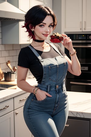 masterpiece, best quality, highres, solo, 1girl,  ruby rose, big breasts, wide hips, big eyes, cute, energetic, smile, pearcing, jewelry, choker necklace, bracelet, black jeans, white t-shirt, apron, dark black jeans, eating cookies, kitchen, baking cookies, full apron