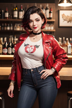 masterpiece, best quality, highres, solo, 1girl,  ruby rose, big breasts, wide hips, big eyes, cute, energetic, smile, pearcing, jewelry, choker necklace, bracelet, black jeans, white t-shirt, leather red jacket, black jeans, pub bar