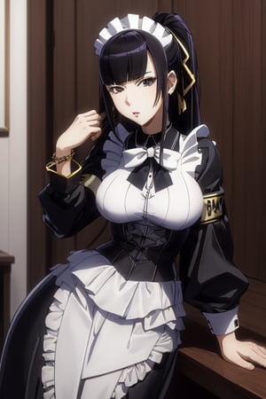 masterpiece, best quality, highres, 1girls, solo, narberal gamma, girl, mature, cute, big breasts, wide hips, long hair, black hair, sexy, jewelry, choker necklace, bracelet, jacket, seductive pose, maid