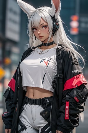 masterpiece, best quality, highres,1girl, solo, mature, milf, mirko mha, rabbit ears, long hair, white hair, wide hips, light dark skin, strong tanned skin, white hair, red eyes, animal ears, rabbit girl, muscular female, abs, huge breasts, sexy, jewelry, choker necklace, bracelet, techwear pants, techwear  t-shirt, techwear coat, urban techwear