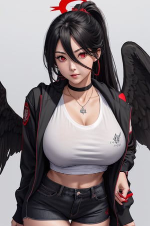 masterpiece, best quality, highres, hasumidef, hasumigym, 1girls, solo, girl, mature, cute, giant breasts, weak red eyes, wide hips, red halo, long hair, huge breasts,  black hair, one pair black wings behind, large hoodiejewelry, choker necklace, bracelet, black jeans, backpack