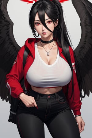 masterpiece, best quality, highres, hasumidef, hasumigym, 1girls, solo, girl, mature, cute, giant breasts, weak red eyes, wide hips, red halo, long hair, huge breasts,  black hair, one pair black wings behind, large hoodiejewelry, choker necklace, bracelet, black jeans, backpack