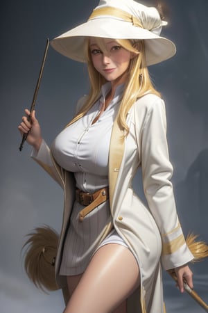 masterpiece, best quality, highres, mature, 1girls, solo girl, marikawashizuka, real Blonde hairs, Brown eyes, huge breasts, wide hips, smoot hands, smile smale, jewelery, wand,  white lether shirt, jacket, white witch hat, robes, mage