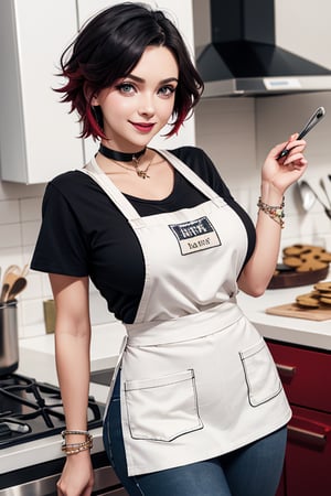 masterpiece, best quality, highres, solo, 1girl,  ruby rose, big breasts, wide hips, big eyes, cute, energetic, smile, pearcing, jewelry, choker necklace, bracelet, black jeans, white t-shirt, apron, dark black jeans, cookies in hand, kitchen, baking cookies, full apron