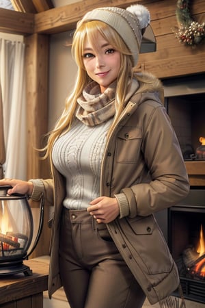 masterpiece, best quality, highres, mature, 1girls, solo girl, marikawashizuka, real Blonde hairs, Brown eyes, huge breasts, wide hips, smoot hands, smile smale, jewelery, swaeter, winter jacket, winter hat, winter brown pants, winter glowes, Scarf, fireplace, indoors