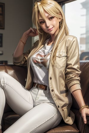 masterpiece, best quality, highres, mature, 1girls, solo girl, marikawashizuka, real Blonde hairs, Brown eyes, huge breasts, weak smile, wide hips, smoot hands, jewelery, bracelet, t-shirt, jacket coat, white pants, seductive pose, caffe shop, sit, sofa, legs crosed