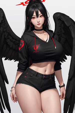 masterpiece, best quality, highres, hasumidef, hasumigym, 1girls, solo, girl, mature, cute, giant breasts, weak red eyes, wide hips, red halo, long hair, huge breasts,  black hair, one pair black wings behind, large hoodiejewelry, choker necklace, bracelet, black jeans, backpack