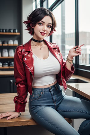 masterpiece, best quality, highres, solo, 1girl,  ruby rose, big breasts, wide hips, big eyes, cute, energetic, smile, pearcing, jewelry, choker necklace, bracelet, black jeans, white t-shirt, leather red jacket, dark black jeans, sit, caffe shop