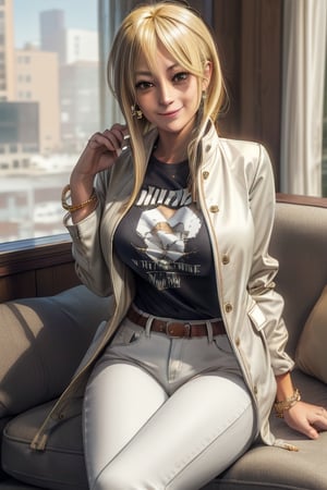 masterpiece, best quality, highres, mature, 1girls, solo girl, marikawashizuka, real Blonde hairs, Brown eyes, huge breasts, weak smile, wide hips, smoot hands, jewelery, bracelet, t-shirt, jacket coat, white pants, seductive pose, caffe shop, sit, sofa, legs crosed