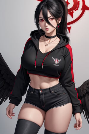 masterpiece, best quality, highres, hasumidef, hasumigym, 1girls, solo, girl, mature, cute, weak red eyes, wide hips, red halo, long hair, huge breasts, giant breasts, black hair, one pair black wings behind, large hoodiejewelry, choker necklace, bracelet, black jeans, running