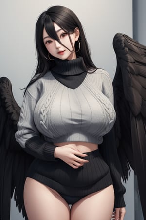 masterpiece, best quality, highres, 1girls, solo girl, wide hips, wing behind, huge breasts, black hair, black wings, sweater,