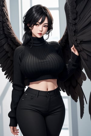 masterpiece, best quality, highres, 1girls, solo, mature, girl, wide hips, wing behind, huge breasts, black hair, black wings, sweater, pants