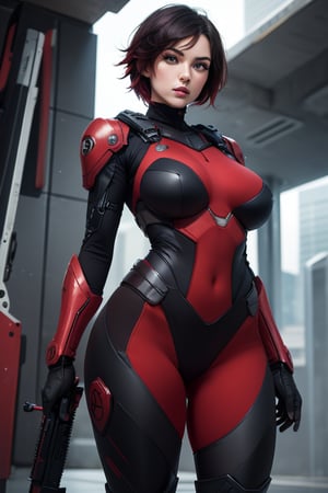 masterpiece, best quality, highres, solo, 1girl, ruby rose, big breasts, wide hips, looking at viewer, battle suit, sniper_rifle