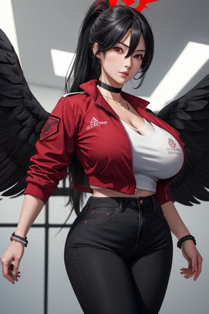 masterpiece, best quality, highres, hasumidef, hasumigym, 1girls, solo, girl, mature, cute, giant breasts, weak red eyes, wide hips, red halo, long hair, huge breasts,  black hair, huge_breasts, one pair black wings behind, jacket, jewelry, choker necklace, bracelet, black long jeans,