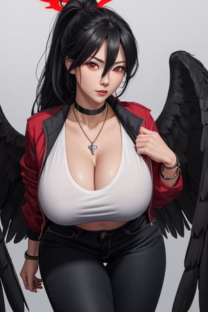 masterpiece, best quality, highres, hasumidef, hasumigym, 1girls, solo, girl, mature, cute, giant breasts, weak red eyes, wide hips, red halo, long hair, huge breasts,  black hair, huge_breasts, one pair black wings behind, jacket, jewelry, choker necklace, bracelet, black long jeans, 