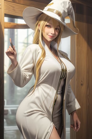 masterpiece, best quality, highres, mature, 1girls, solo girl, marikawashizuka, real Blonde hairs, Brown eyes, huge breasts, wide hips, smoot hands, smile smale, jewelery, wand,  white lether shirt, jacket, white witch hat, robes, mage