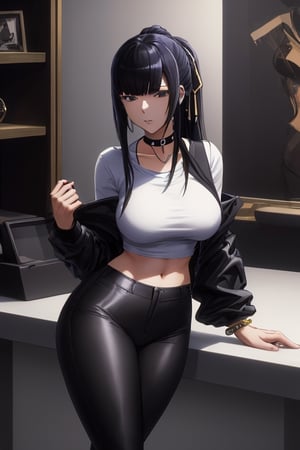 masterpiece, best quality, highres, 1girls, solo, narberal gamma, girl, mature, cute, big breasts, wide hips, long hair, black hair,  sexy, jewelry, choker necklace, bracelet, black pants, white t-shirt, black jacket, seductive pose,