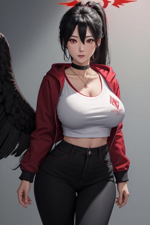 masterpiece, best quality, highres, hasumidef, hasumigym, 1girls, solo, girl, mature, cute, giant breasts, weak red eyes, wide hips, red halo, long hair, huge breasts,  black hair, one pair black wings behind, large hoodiejewelry, choker necklace, bracelet, black jeans, backpack