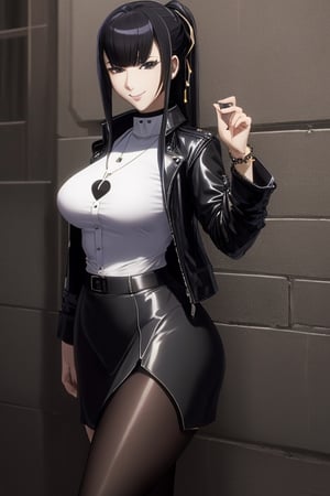 masterpiece, best quality, highres, 1girls, solo, narberal gamma, girl, mature, cute, big breasts, wide hips, long hair, black hair, sexy, jewelry, choker necklace, bracelet, leather jacket, shirt, skirt, pantyhouse, seductive pose, small smile, better hands, street